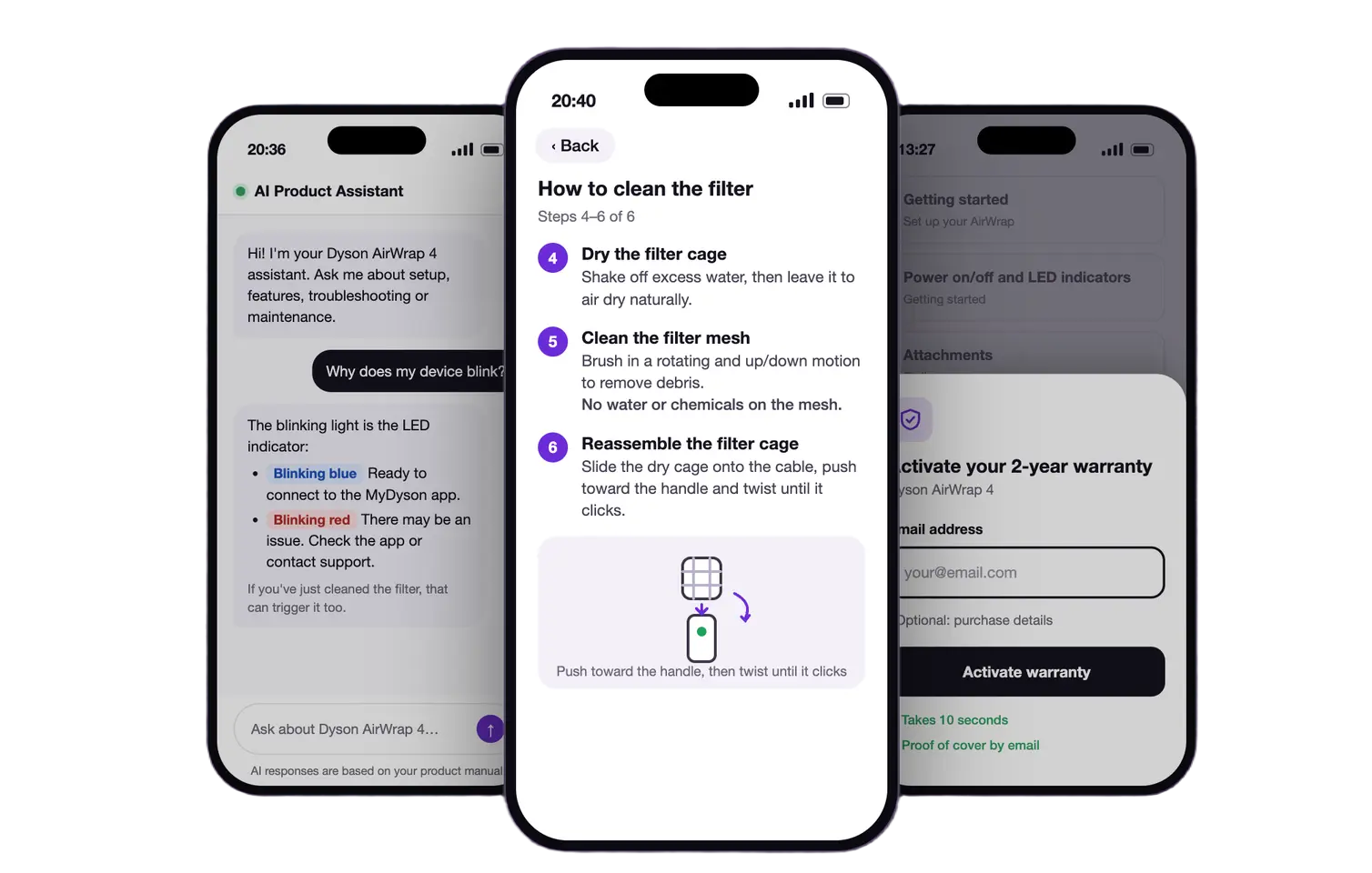 Three Veribl product experiences: AI support, a digital guide, and warranty activation