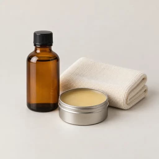 Wood care bottle, wax tin, and cloth