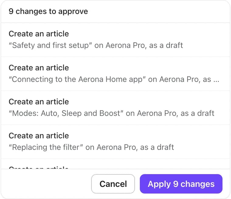 Vera's approval card: create the articles Safety and first setup, Connecting to the app, Modes, and Replacing the filter, as drafts