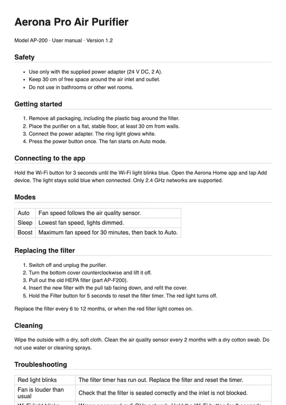 First page of the Aerona Pro air purifier user manual