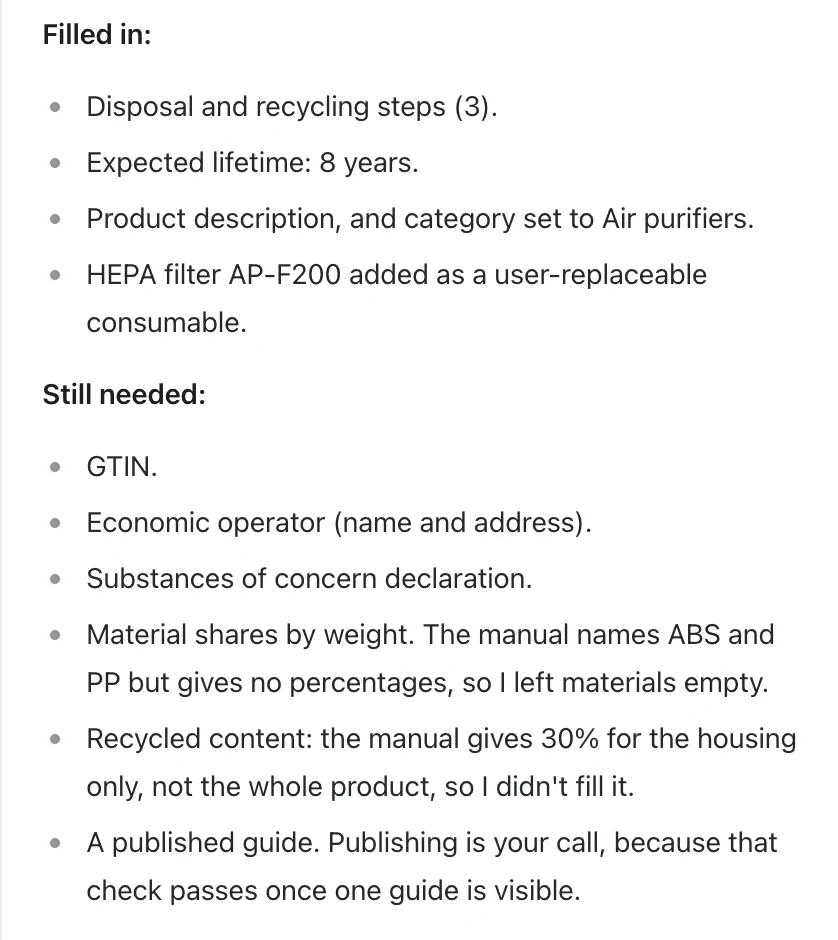 Vera's summary: what it filled in from the manual, and what is still needed, including material shares the manual doesn't give