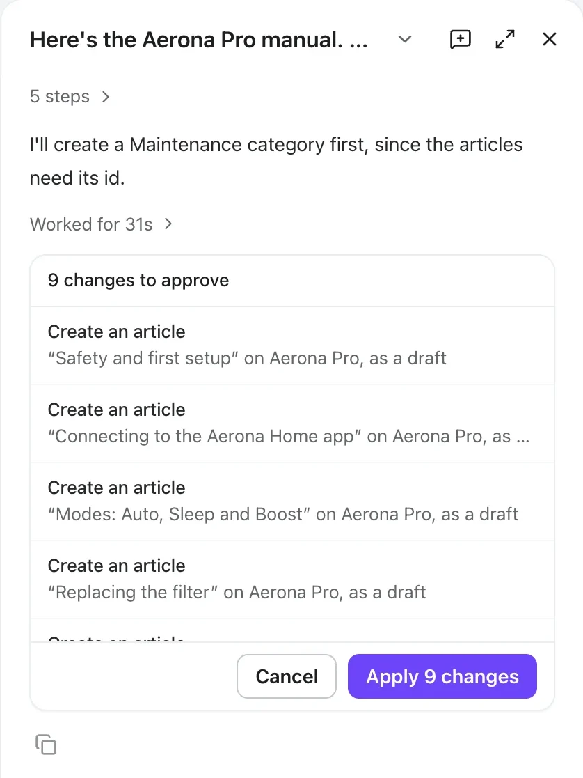 Vera in the Veribl dashboard, listing 9 changes from a PDF manual with Cancel and Apply buttons