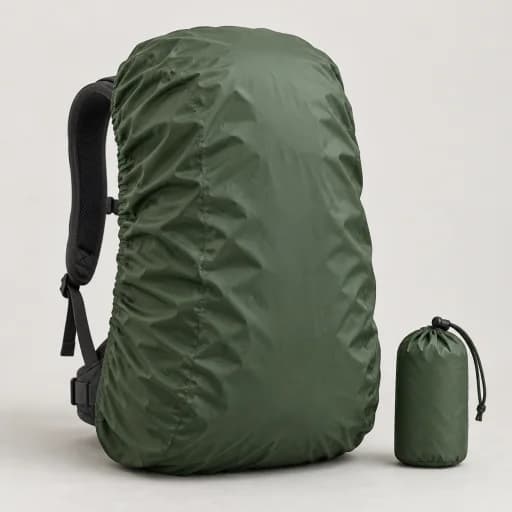 Rain cover fitted over a hiking backpack