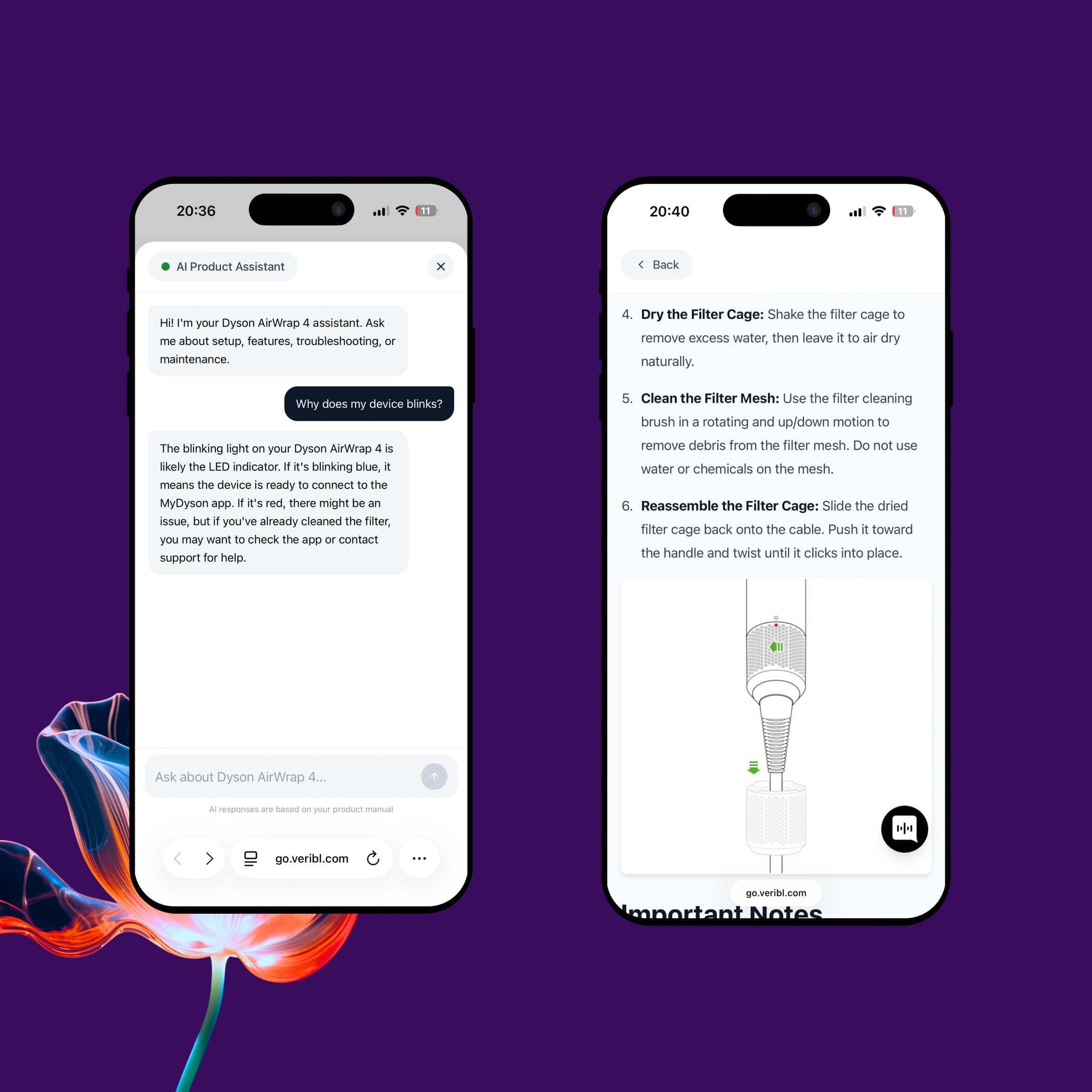 Dyson product AI assistant beside a mobile interactive maintenance guide