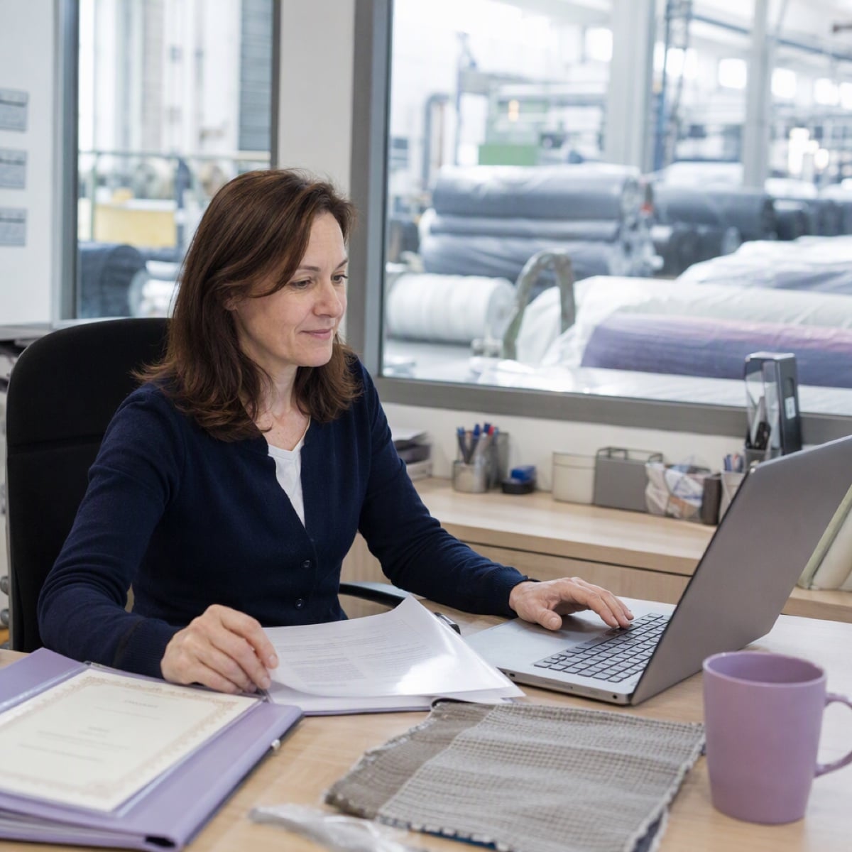 A quality manager at a textile mill uploads certificates on her laptop in a bright factory office