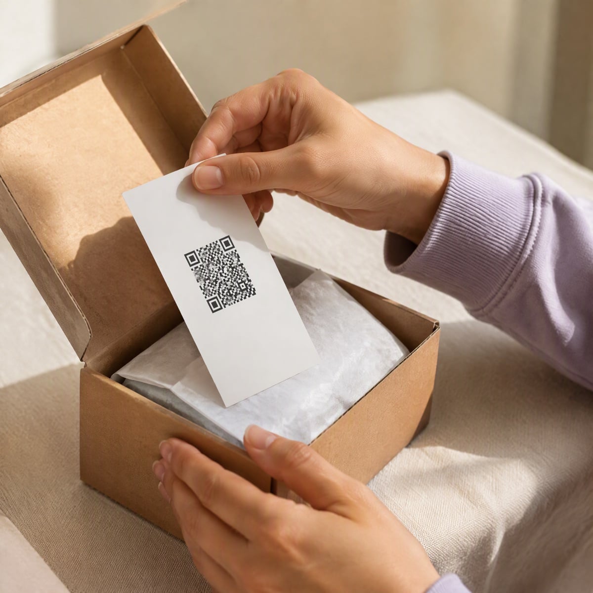 Hands lifting a quick-start card with a QR code out of a kraft shipping box