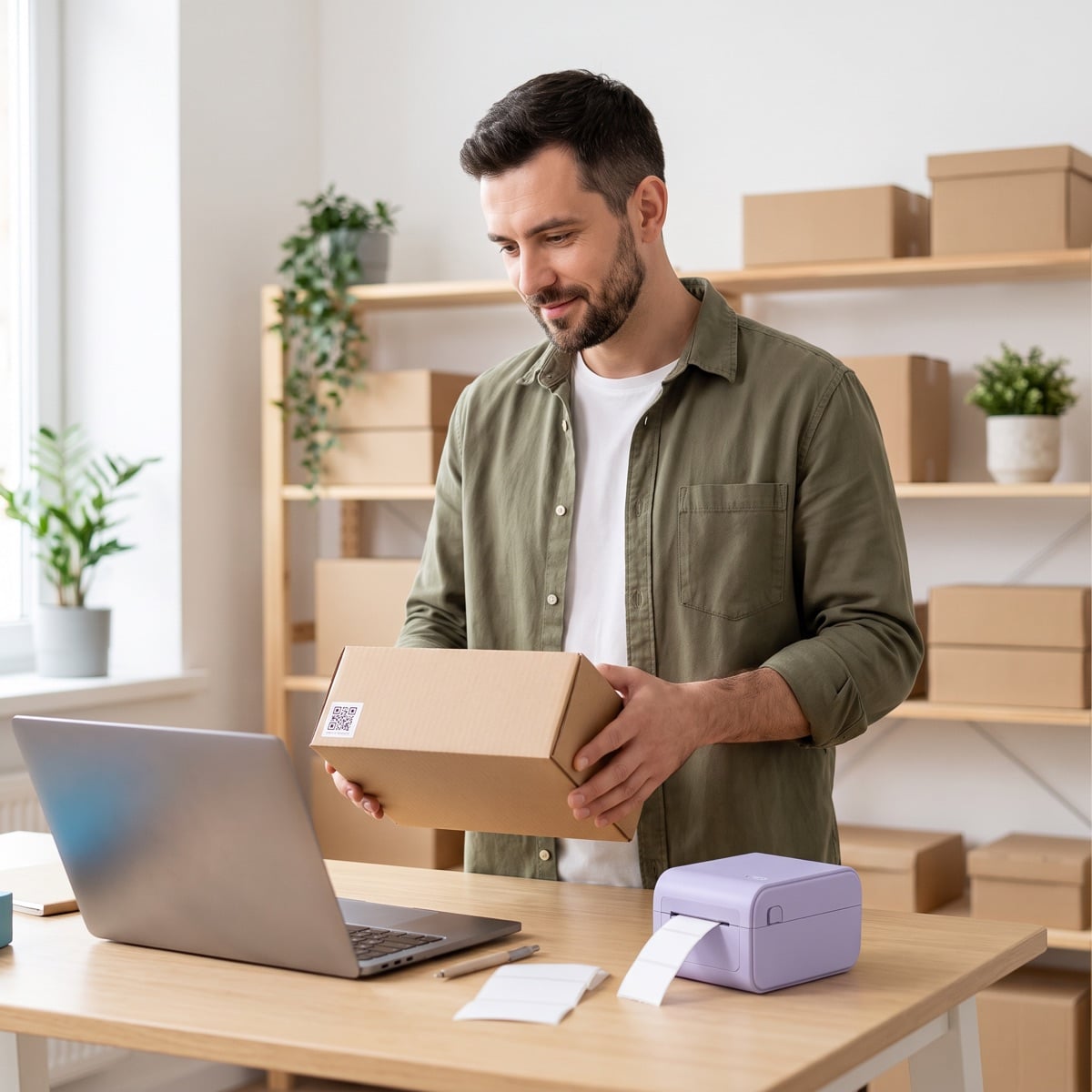 A man in a small brand's stockroom checking the QR label on a product box next to his laptop and a label printer